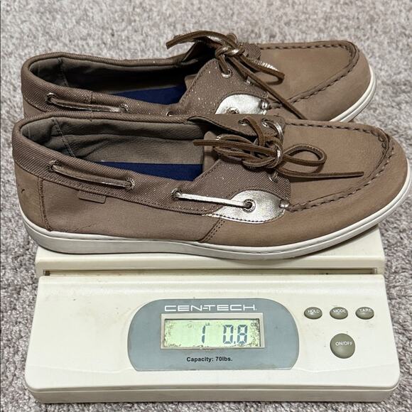 SPERRY Top-Sider memory foam women’s size 9.5 slip on tan gold glitter accents - Picture 2 of 11